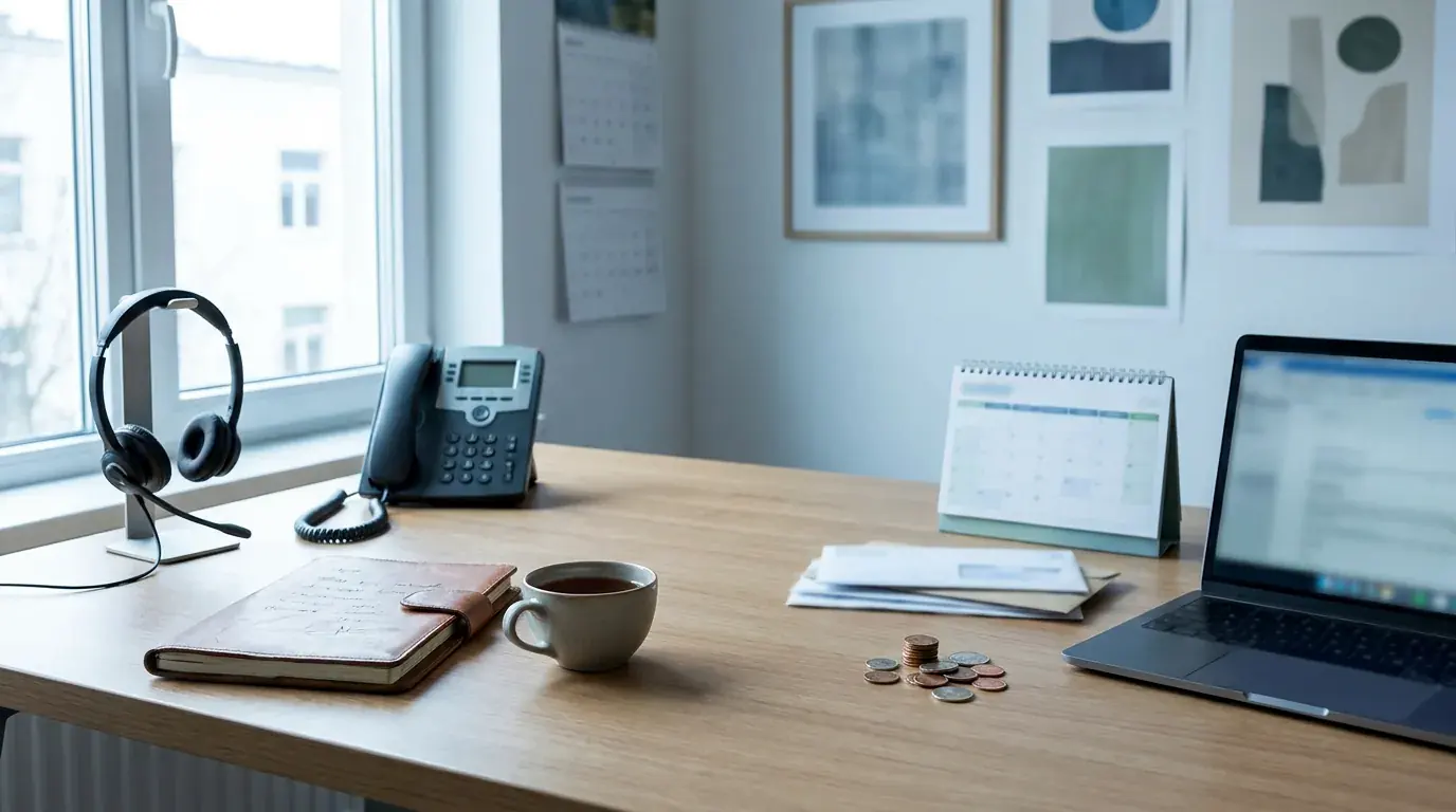 An office desk with a phone headset, a notepad and a cup of tea