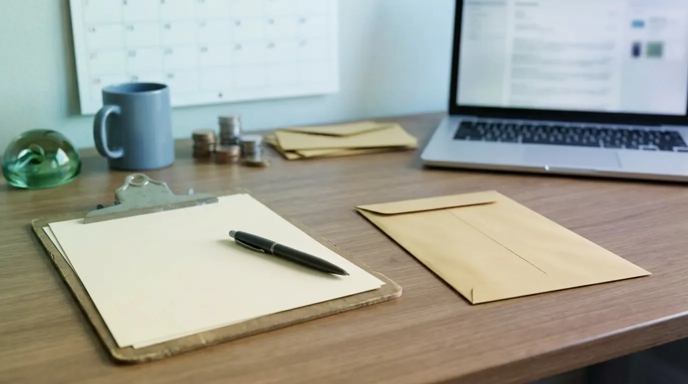 A blank paper form on a clipboard with a pen and an envelope