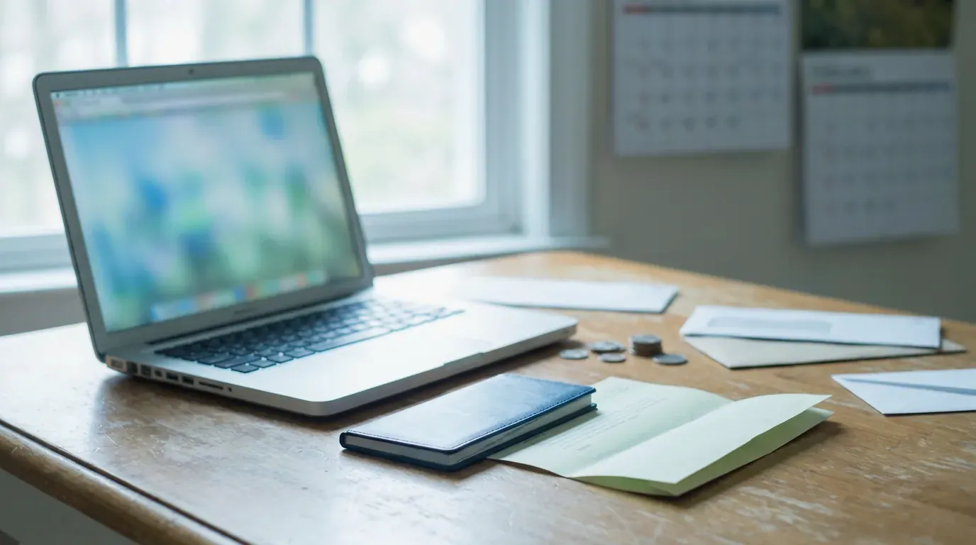 A laptop on a kitchen table beside a checkbook and a folded letter