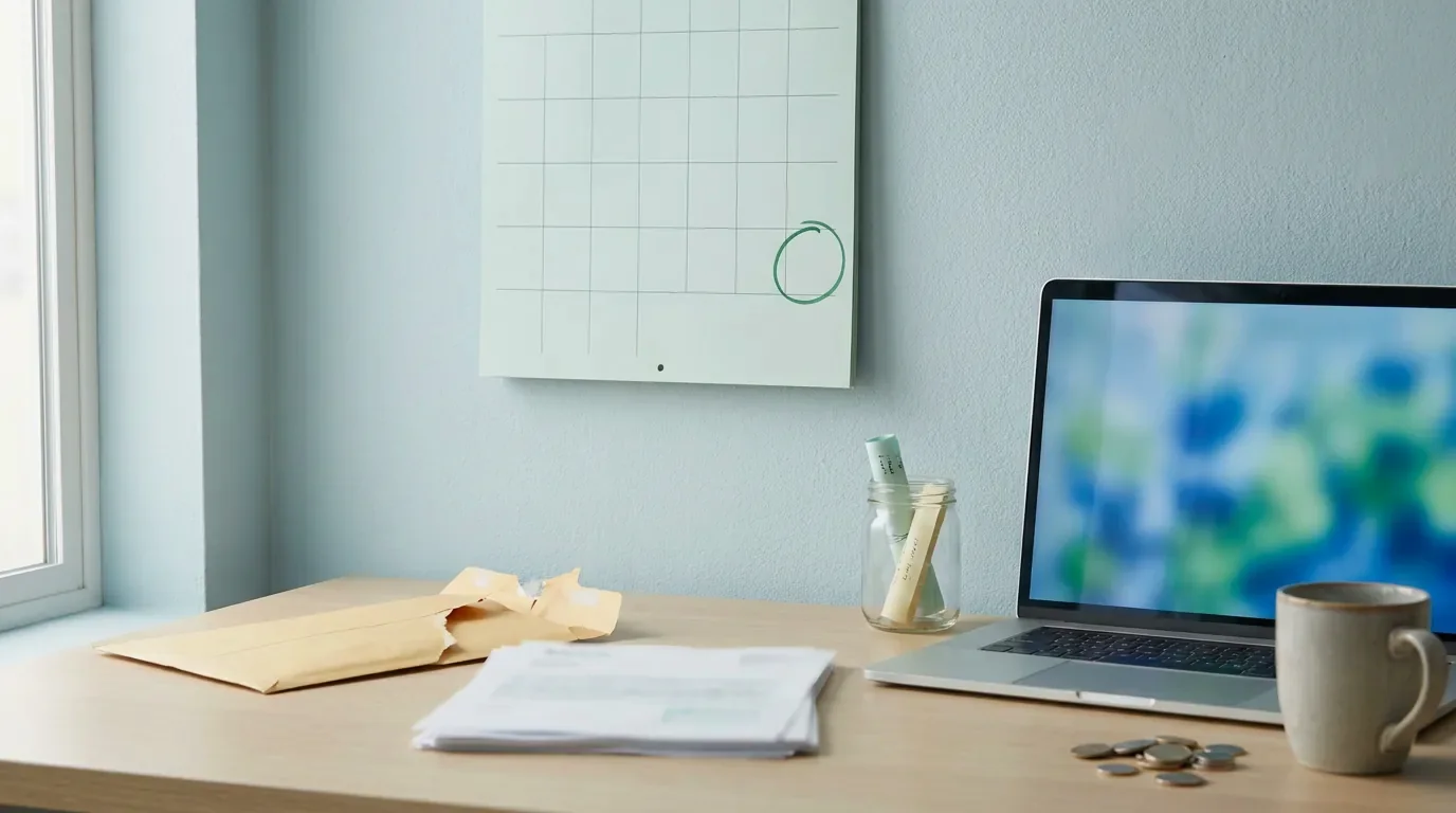 A wall calendar with one day circled in green above an opened envelope